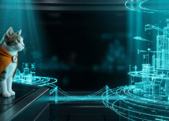 披著斗篷的領航貓咪注視著未來城市全息投影,象徵實戰與落地 AI 應用場景解析。A cloaked navigator cat watching a futuristic city hologram, representing practical AI application scenario analysis. - AI行銷王 (AI Marketing King) 專屬視覺