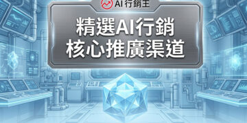 科技控制室與中央發光幾何水晶展示精選AI行銷核心推廣渠道 - AI行銷王 (AI Marketing King) 專屬視覺。 Tech control room with a glowing central geometric crystal showing curated AI marketing core channels - AI行銷王 (AI Marketing King) 專屬視覺.