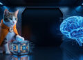 披著斗篷的領航貓咪觸控 AI 核心方塊,旁有發光的全息大腦,展示 AI 工具應用大全。A navigator cat touching an AI core cube next to a glowing holographic brain, showcasing the complete guide to AI tools - AI行銷王 (AI Marketing King) 專屬視覺