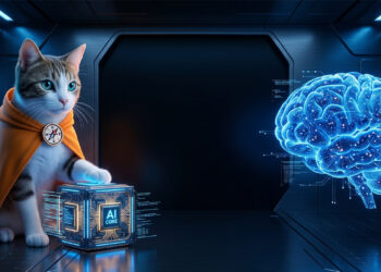 披著斗篷的領航貓咪觸控 AI 核心方塊,旁有發光的全息大腦,展示 AI 工具應用大全。A navigator cat touching an AI core cube next to a glowing holographic brain, showcasing the complete guide to AI tools - AI行銷王 (AI Marketing King) 專屬視覺