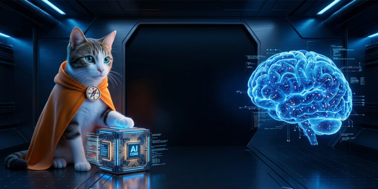 披著斗篷的領航貓咪觸控 AI 核心方塊,旁有發光的全息大腦,展示 AI 工具應用大全。A navigator cat touching an AI core cube next to a glowing holographic brain, showcasing the complete guide to AI tools - AI行銷王 (AI Marketing King) 專屬視覺