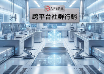 未來科技實驗室場景的跨平台社群行銷概念圖,A futuristic cross-platform social media marketing concept - AI行銷王 (AI Marketing King) 專屬視覺