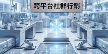 未來科技實驗室場景的跨平台社群行銷概念圖,A futuristic cross-platform social media marketing concept - AI行銷王 (AI Marketing King) 專屬視覺