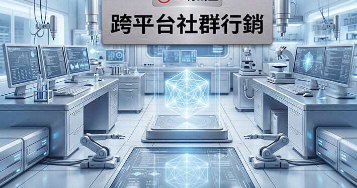 未來科技實驗室場景的跨平台社群行銷概念圖，A futuristic cross-platform social media marketing concept - AI行銷王 (AI Marketing King) 專屬視覺