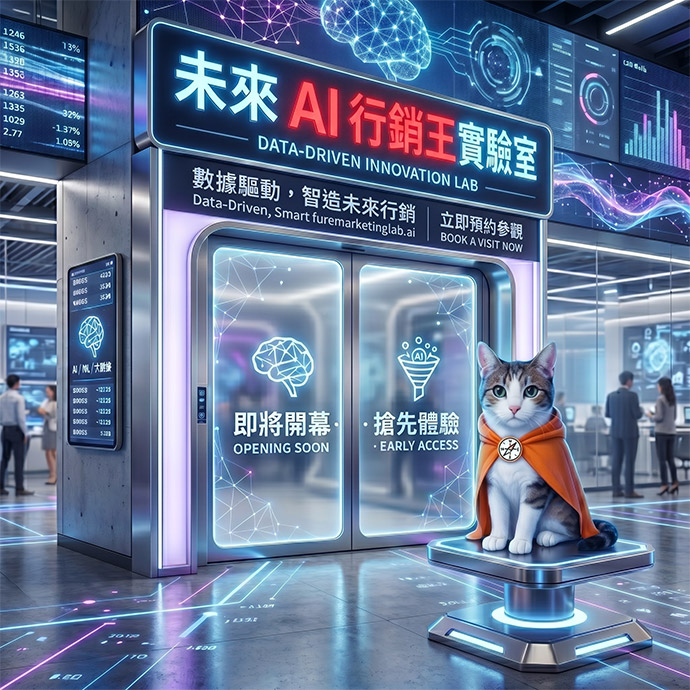 未來 AI 行銷王實驗室入口與專業顧問展示 (Entrance of the Future AI Marketing Lab with professional consultant)