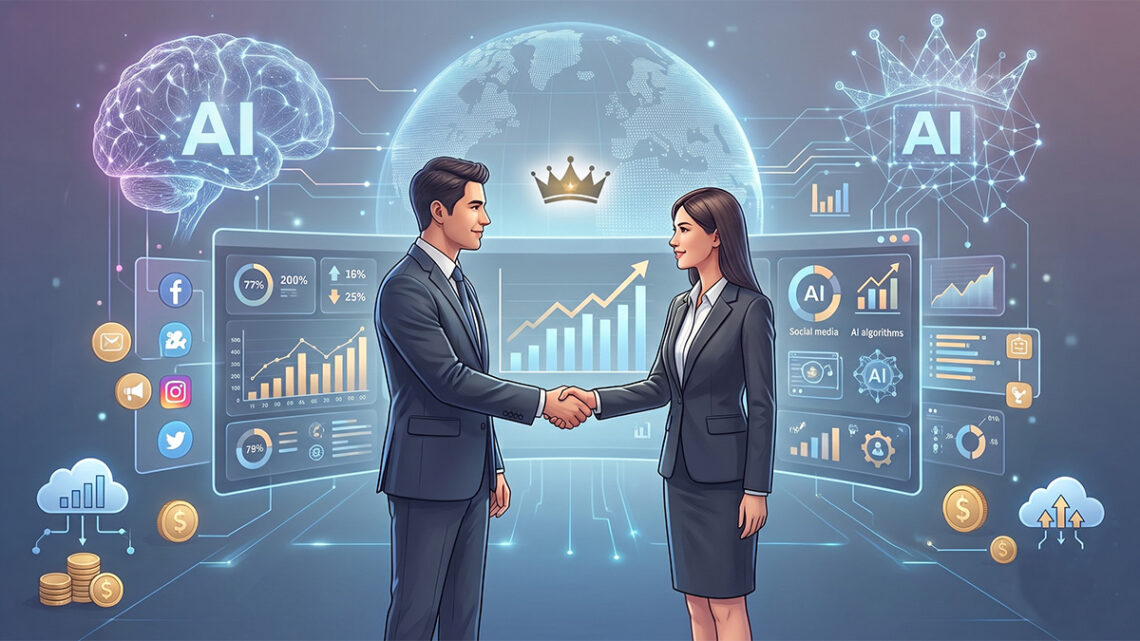商務人士握手合作與AI數據科技圖表背景 - GEO行銷王 (GEO Marketing King) 專屬視覺Business professionals shaking hands with AI data technology charts background - GEO行銷王 (AI Marketing King) 專屬視覺